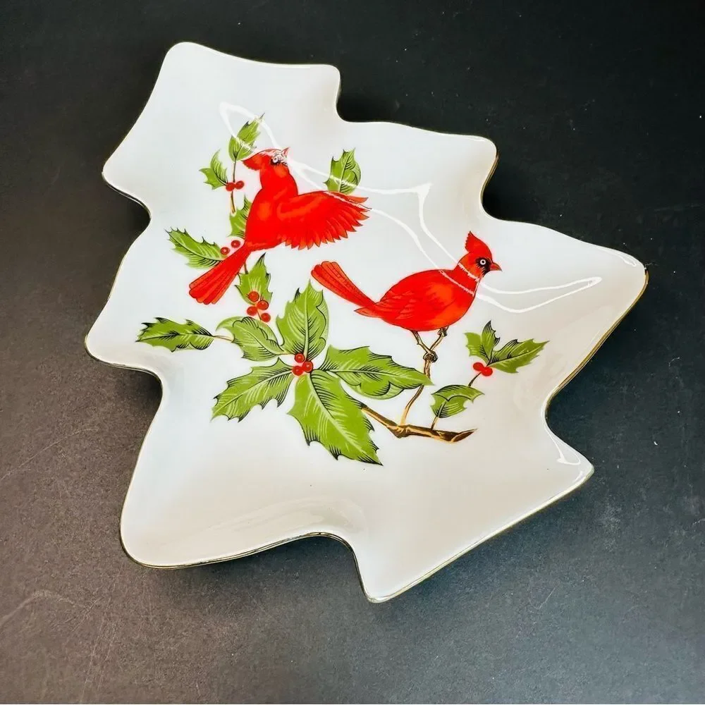 Lefton‎ Vintage Cardinal Christmas Tree Dish 6x8 In.